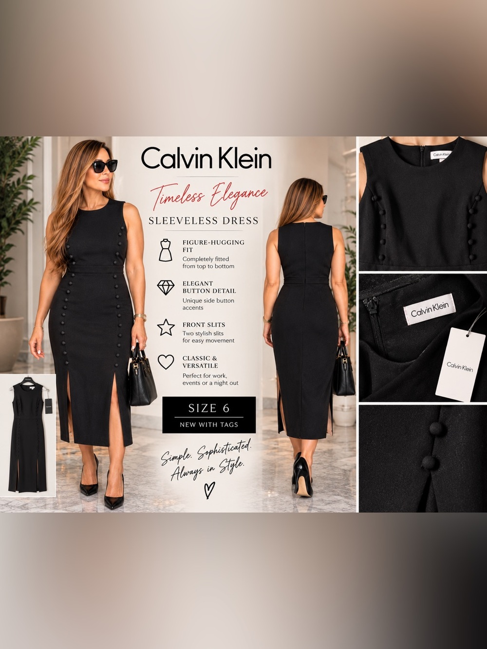 Calvin Klein Black Sleeveless Sheath Dress with Side Button Detail